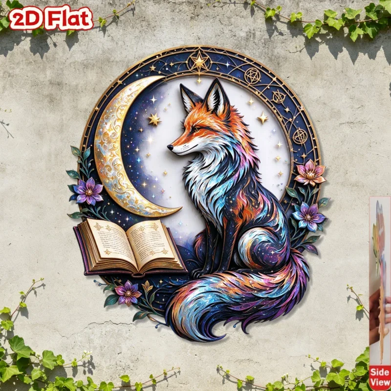 CIFBUY 1pc 2D Flat Vintage Fox Moon Metal Wall Decor, Distressed Painted Wall Art for Entryway Bar Garden Yard Bedroom