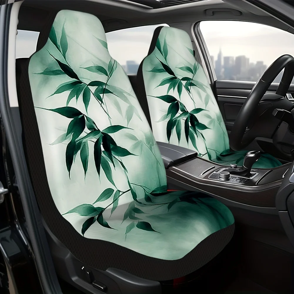 Set Of 2, Featuring A Green Bamboo Leaves Design For Car Seat Covers, Designed For Comfort And Easy Installation, Suitable For B