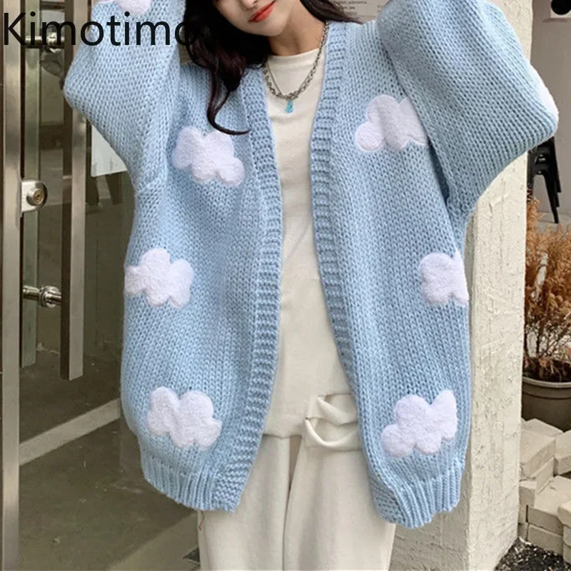 Kimotimo Autumn Winter Cloud Jacquard Sweater Coat Women Korean Sweet Loose Long Sleeve Knitted Cardigan 2024 Fashion Lazy Tops