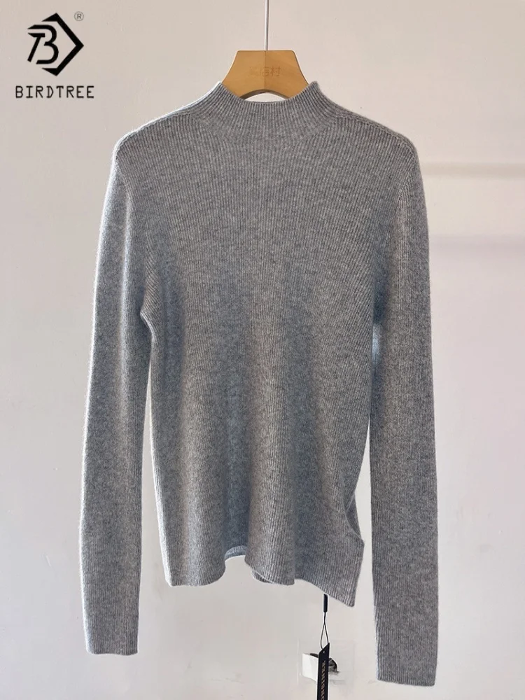 Birdtree,100% Cashmere Knitted Bottoming Undershirt,Women Solid Mock Neck Shirt,2026 Autumn/Winter Body Fit Pullover T5N217JF