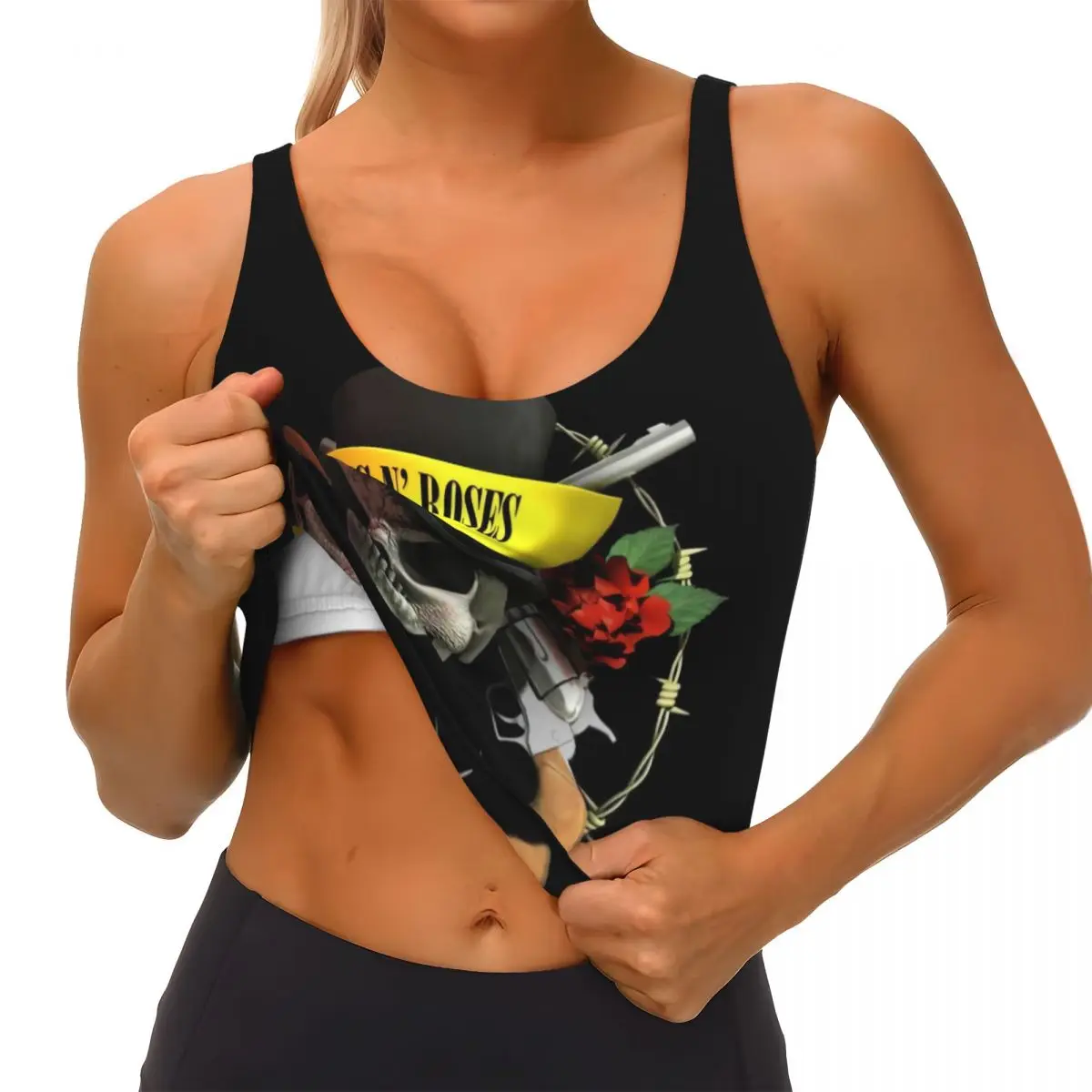 مخصص النساء البنادق ن روز شعار Steampunk الموسيقى طباعة حمالات الصدر الرياضية عالية التأثير الصالة الرياضية تجريب الجري المحاصيل تانك القمم #4