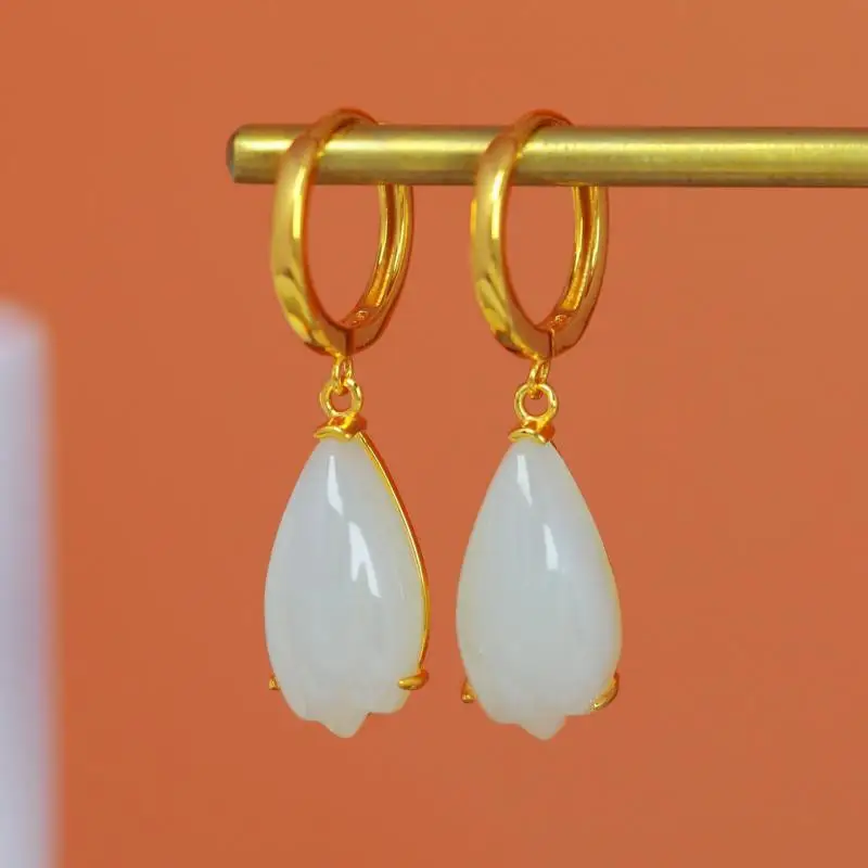 Genuine China Nephrite Stone White Hetian Jade Orchid Drop Earrings 925 Silver Certified Jewelry Women Elegant Gift Girlfriend