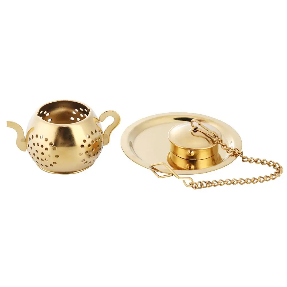 Taza de té dorada de acero inoxidable para Hotel, colador Infusor de té de calidad alimentaria, cadena extendida, portátil, multifunción para taza y jarra