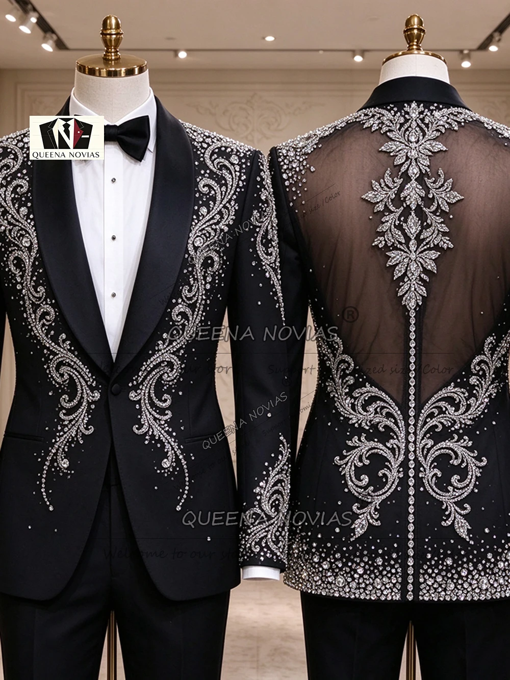 Designer Groom Wear Wedding Tuxedos Sparkling Crystals Stones Prom Blazer Customized Illusion Tulle Back Man Banquet Outfit 2pcs