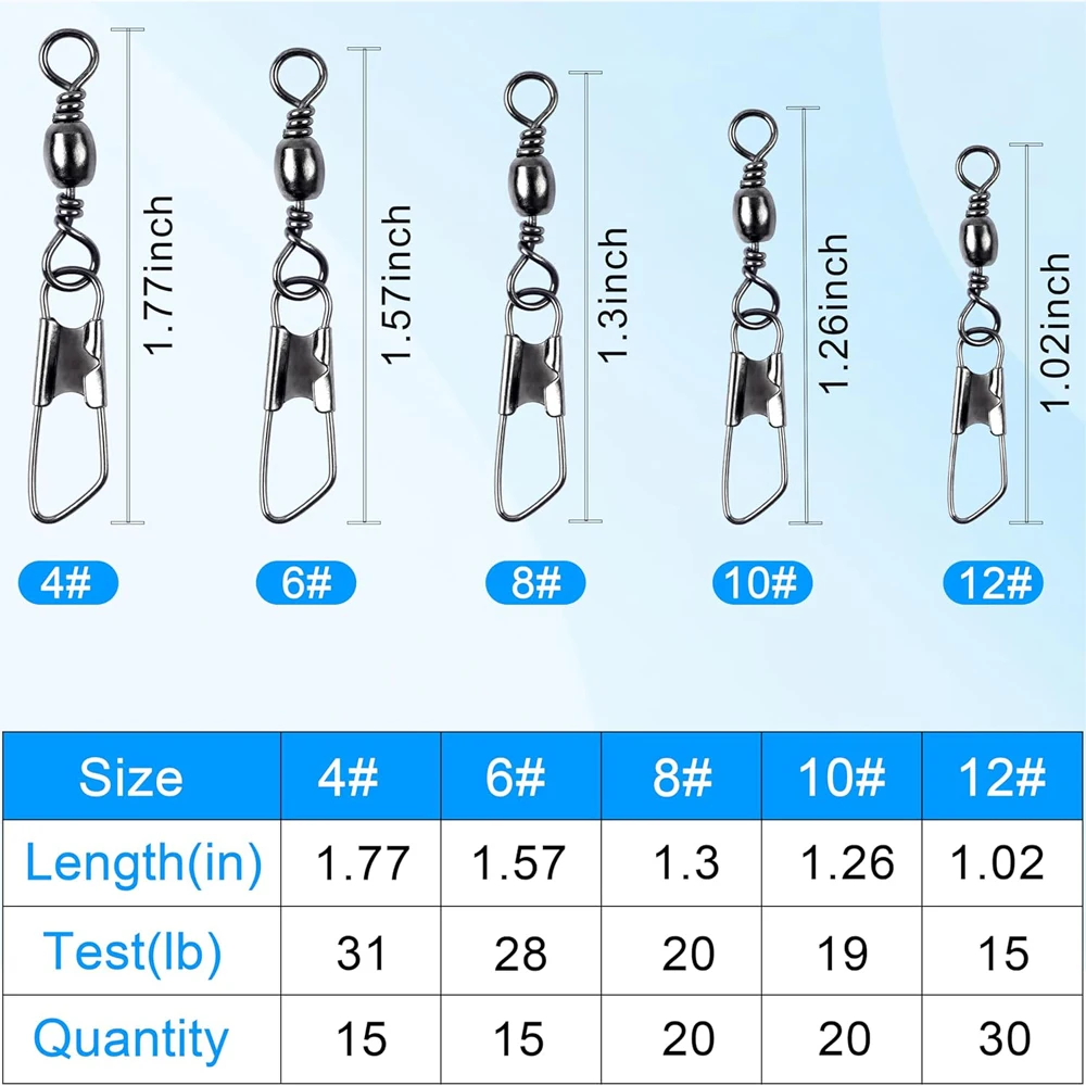 100pcs Fishing Swivels Snaps Kit Barrel Swivels with Safety Snaps High Strength Interlock Snaps Fishing Tackle Accessories