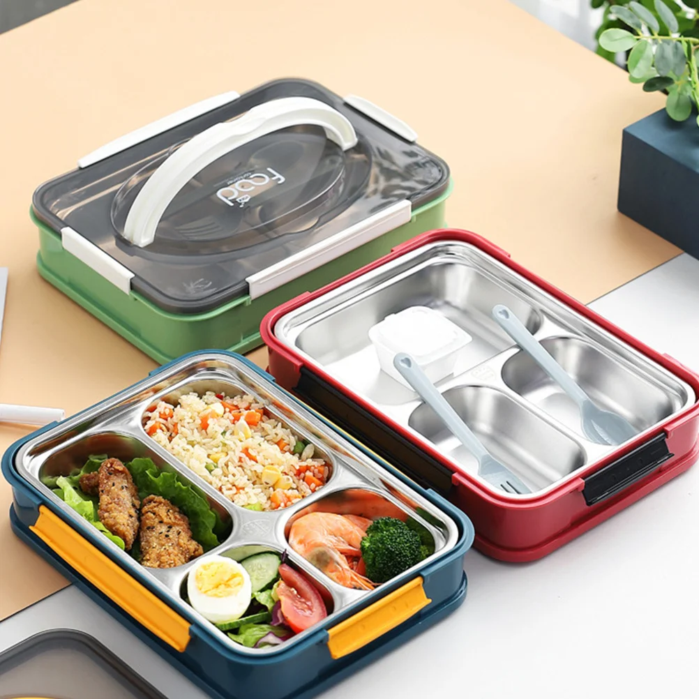 

Stainless Steel Lunch Box Bento Box 4 Compartments Spoon Chopstick Meal Prep Food Storage School Office Travel Container