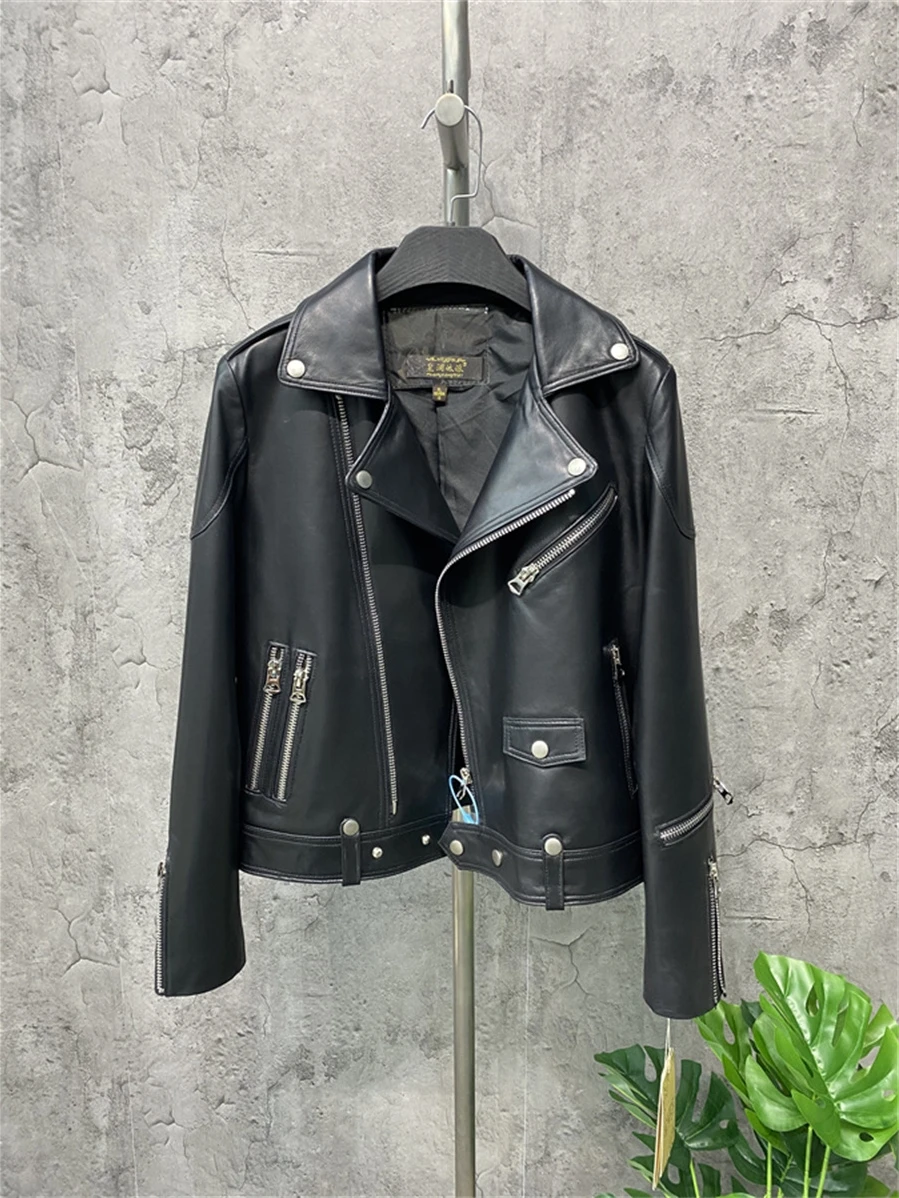 

Ning Genuine eepskin Leather Jaet Women's ort Biker Sle Bla Loose Fit Coat Zipper Closure Long Sve