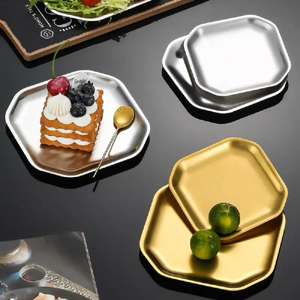 Stainless Steel Square Dish Silver Gold Cake Snack Dessert Pastry Serving Tray Kimchi Sauce Dipping Plates Kitchen Utensils