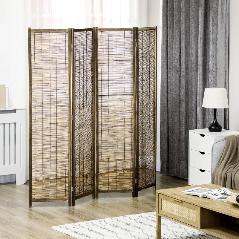 4 Panel Room Divider, 5.5 Ft Portable Folding Privacy Screens, Reed Hand-Woven Freestanding Partition Wall Dividers