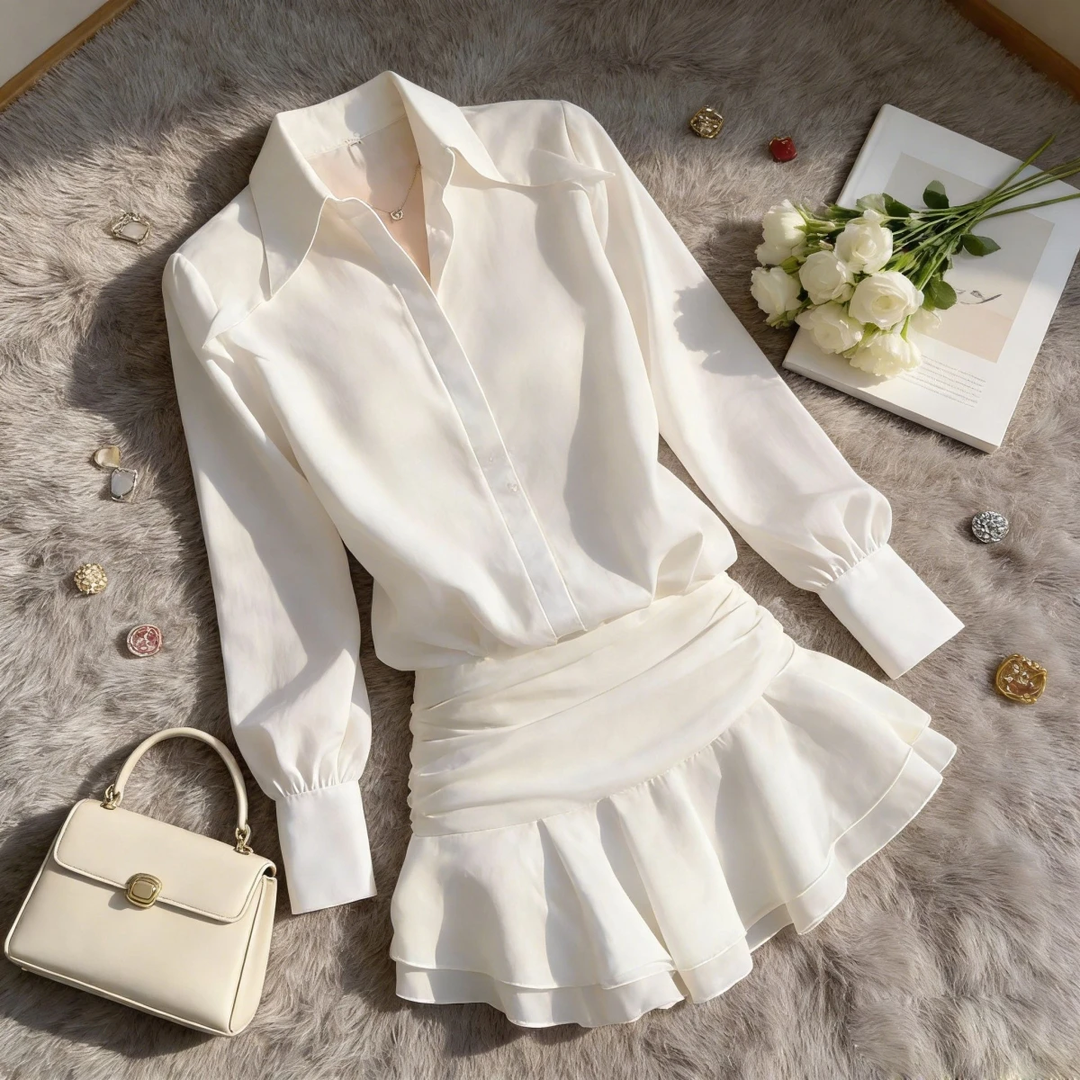 Korean Style A Line Shirt Dress - เดรสเชิ้ตสีขาวสุดหรูสำหรับผู้หญิง คอลเลคชั่นฤดูใบไม้ผลิ/ฤดูร้อน 2025 กระโปรงสั้นระบายเอวเข้ารูป เอวสูง ทรงเอ
