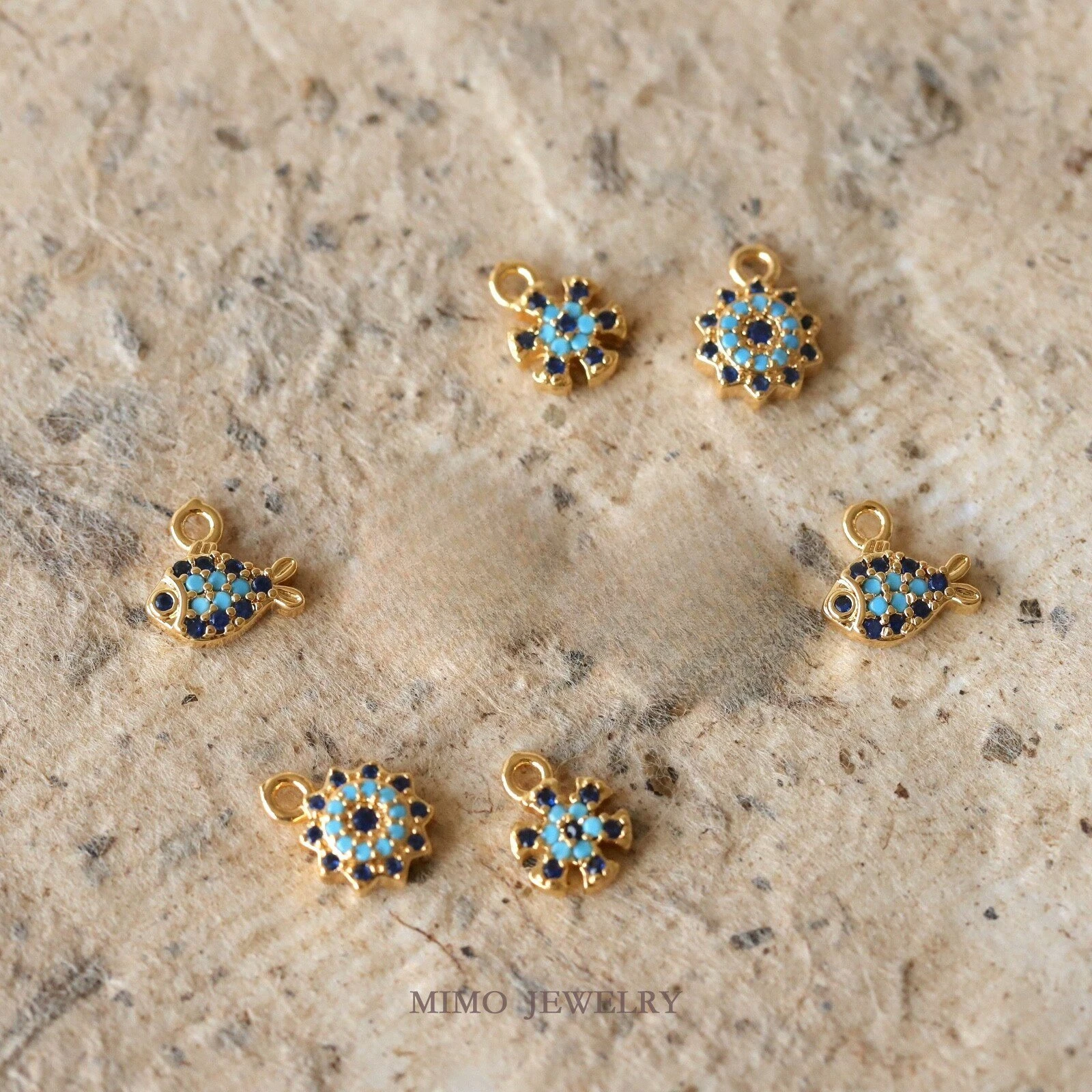 Copper Plated Gold Turkish Exotic Blue Diamond Four-Leaf Sun Pendant Charms For Jewelry Making DIY Bracelet Accessories Findings view 2