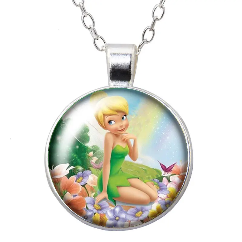 Disney Princess Tinker Bell Spirit Cute Cartoon Round Photo Glass cabochon silver plated pendant necklace jewelry Gift