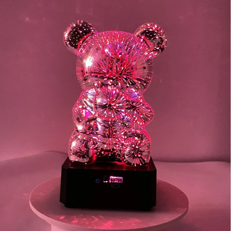 2023 New 3D Fireworks Holding Bear Colorful Wireless Bluetooth Speaker Light Illusionary Music Atmosphere Creative Night Light