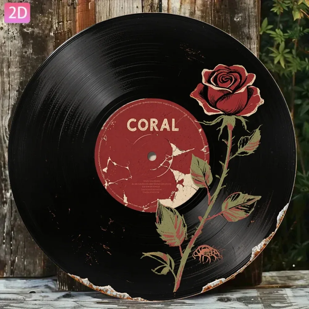 Vintage Black Floral Vinyl Record Wall Art, 2D Flat Aluminum Panel Red Roses Green Leaves, Home Bar Café Decor 19