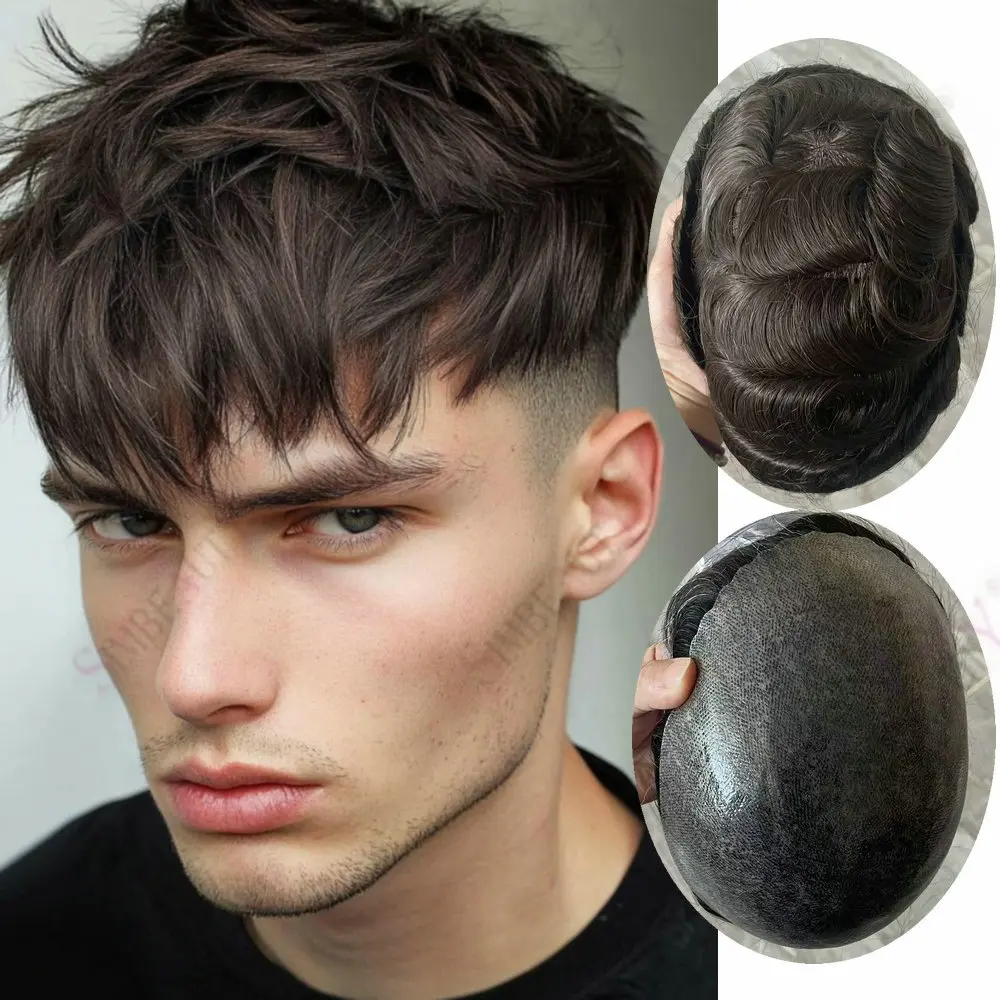 4# Brown Invisible Thin Skin PU Mens Toupee Grey Black Human Hair Wigs Natural Hairline Indian Hair System Male Hair Prosthesis