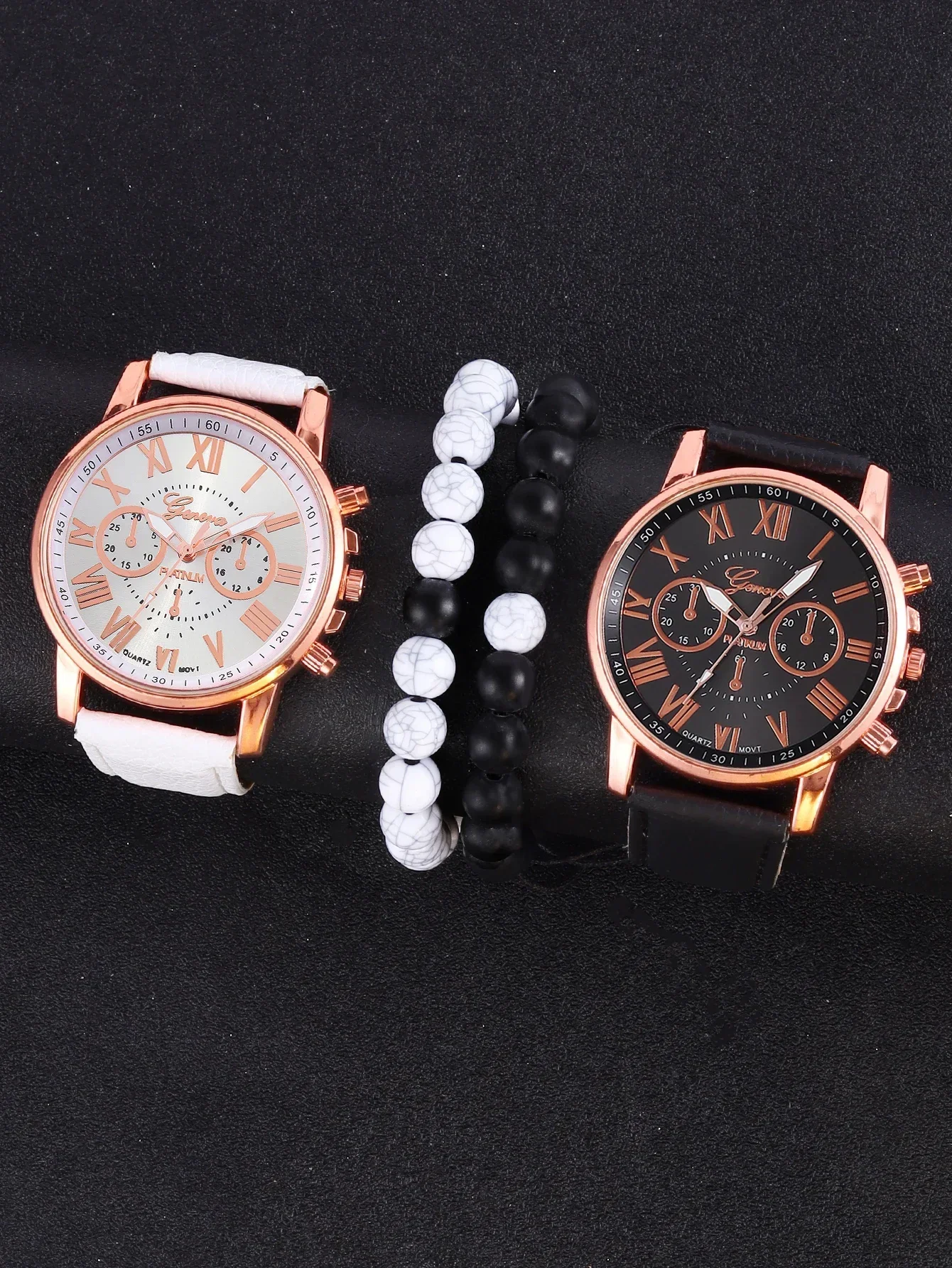 4PCS classic fashion black and white PU leather women's men's quartz watch with beaded bracelet set couples gift