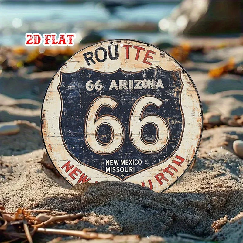 قطعة واحدة من لوحات فنية جدارية معدنية على الطريق العتيق 66 - لافتة ألومنيوم مستديرة مع قاعدة سوداء وتصميم درع أبيض، مظهر ريفي متماثل في الداخل