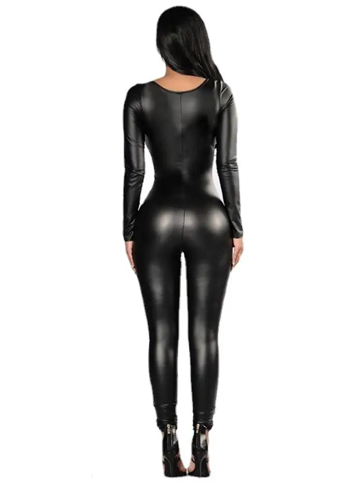 Elastic PU Leather Long Sleeve Catsuit Tights Cosplay Bodysuit Conjoined Leotard Sexy Clubwear Lingerie Unitard Teddies Jumpsuit