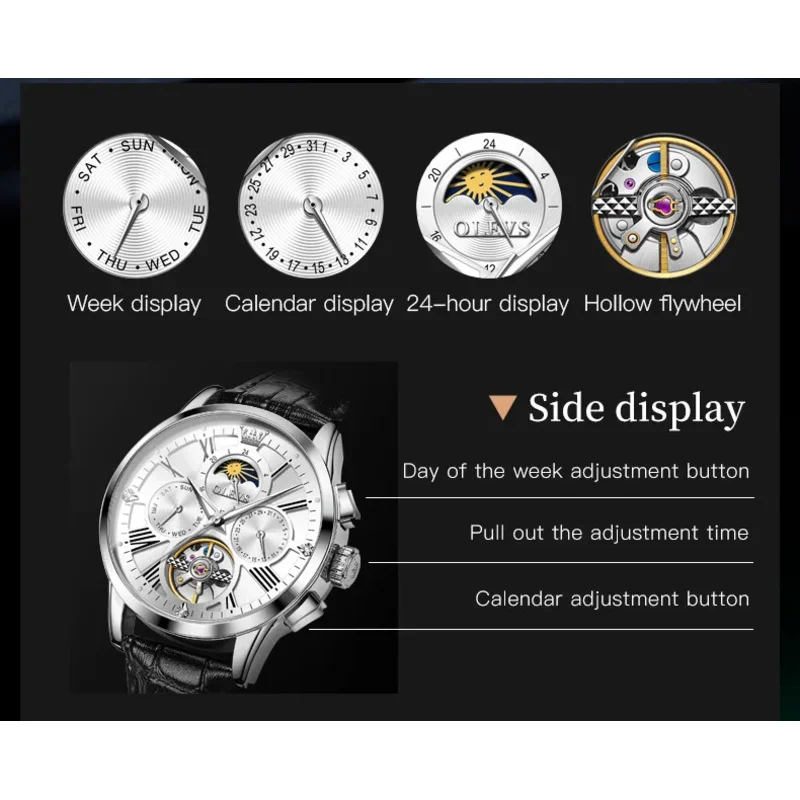 Olevs 9912 automatic watch men hollow out leather strap moon phase Men's wristwatch