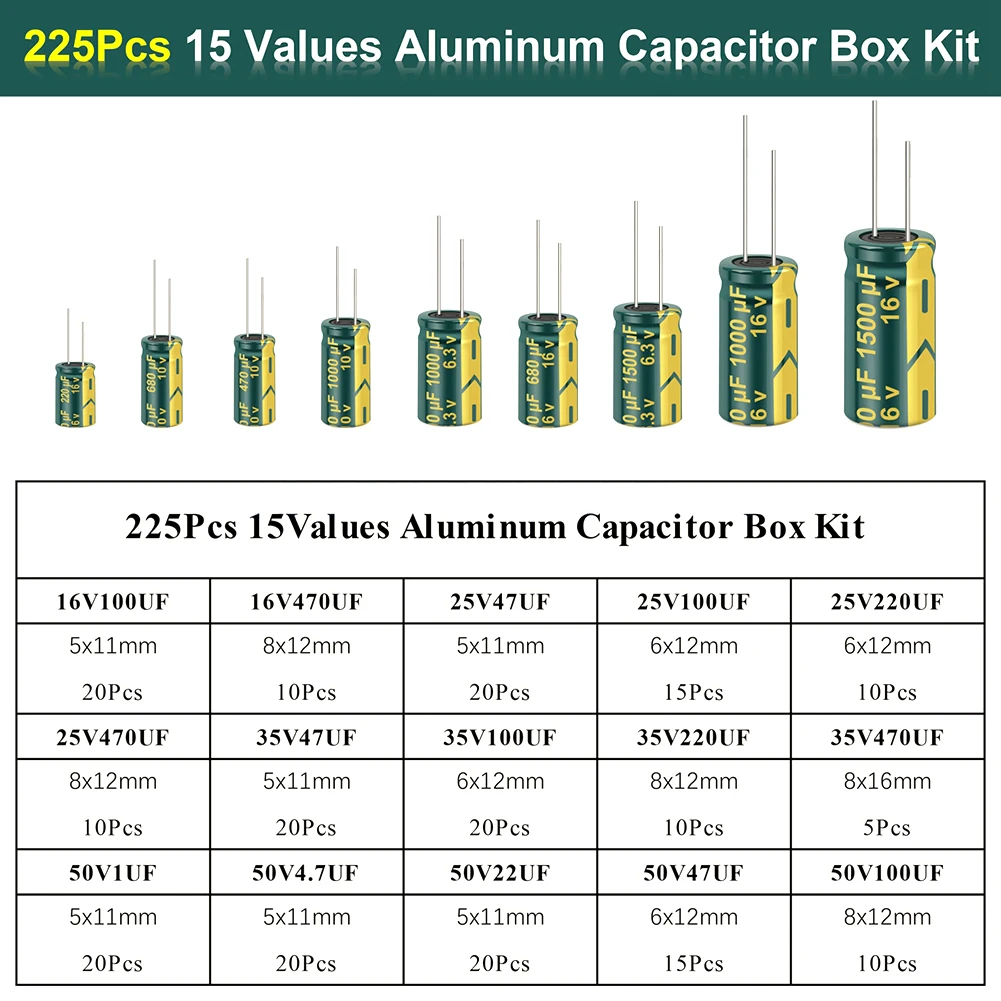 15 Values 225Pcs Electrolytic Capacitor Assortment Kit High Frequency Low ESR Aluminum Electrolytic Capacitor Assortment Box Kit