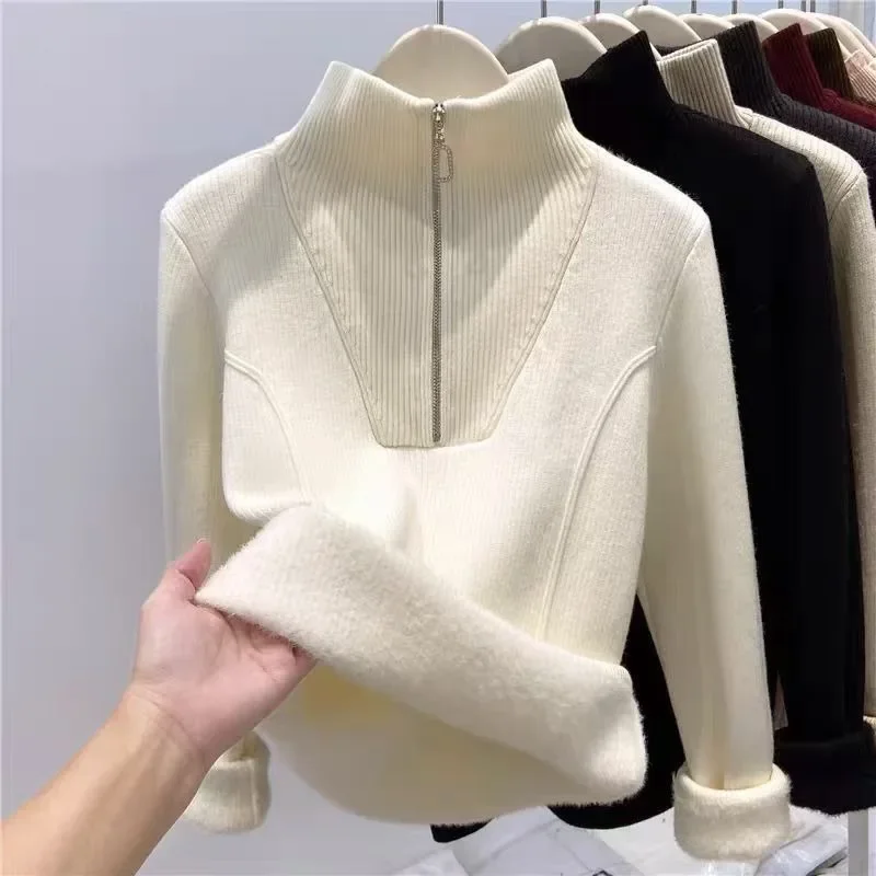 Women Casual Loose Long Sleeves Pullover Half Zip Stand Up Collar Sweater for Women Autumn and Winter Fleece-lined Warm Sweater