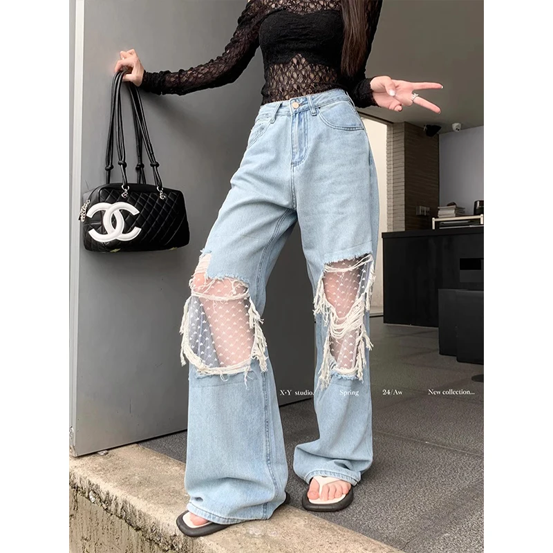 Women Lace Stitch Destroyed Baggy Y2K Jeans Retro Blue Light Wash High Waist Raw Edge Wide Leg Casual 2000S Pants Korean Clothes