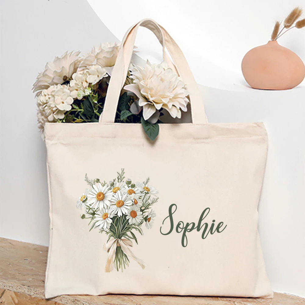 Personalized Birth Month Flower Shoulder Bag with Name, Monogram Canvas Tote, Ideal Wedding Birthday Gift for Her