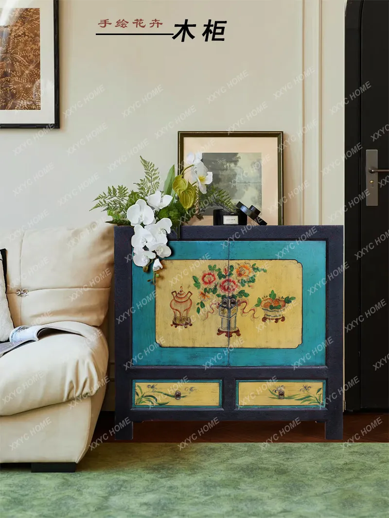 XXNew Chinese-style entrance, solid wood hand-painted old living room cabinet entry foyer decorative storage