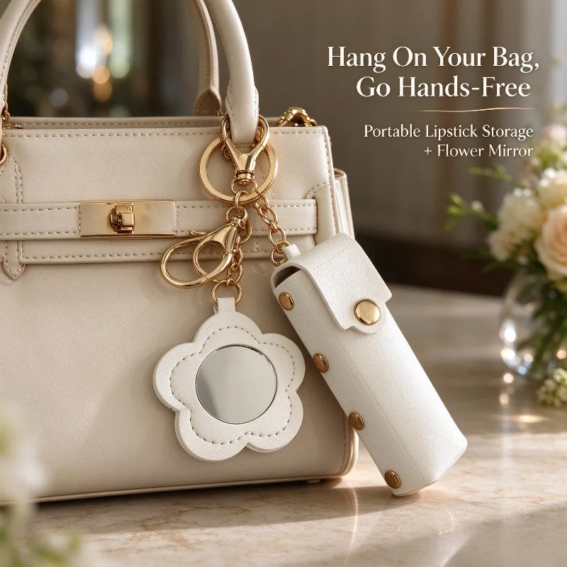 Flower Mirror Lipstick Case Keychain Creative Portable Makeup Mirror Leather Lipstick Holder Bag Charm Fashion Purse Accessory