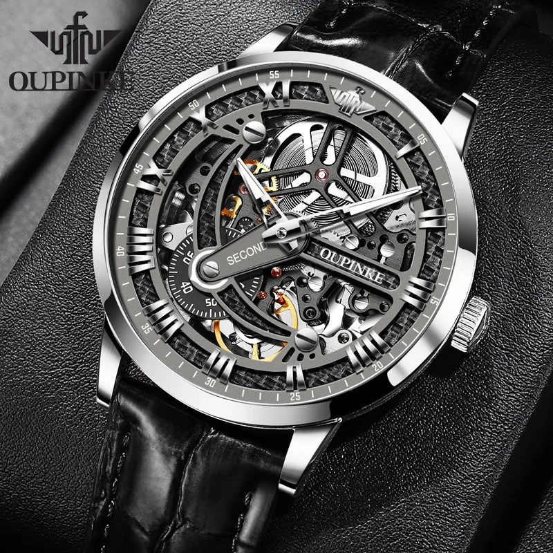 

OUPINKE 3173 Japan Movement Automatic Mechanical Watch Men Leather Strap Skeleton 50M Waterproof Luxury Brand Business Watch