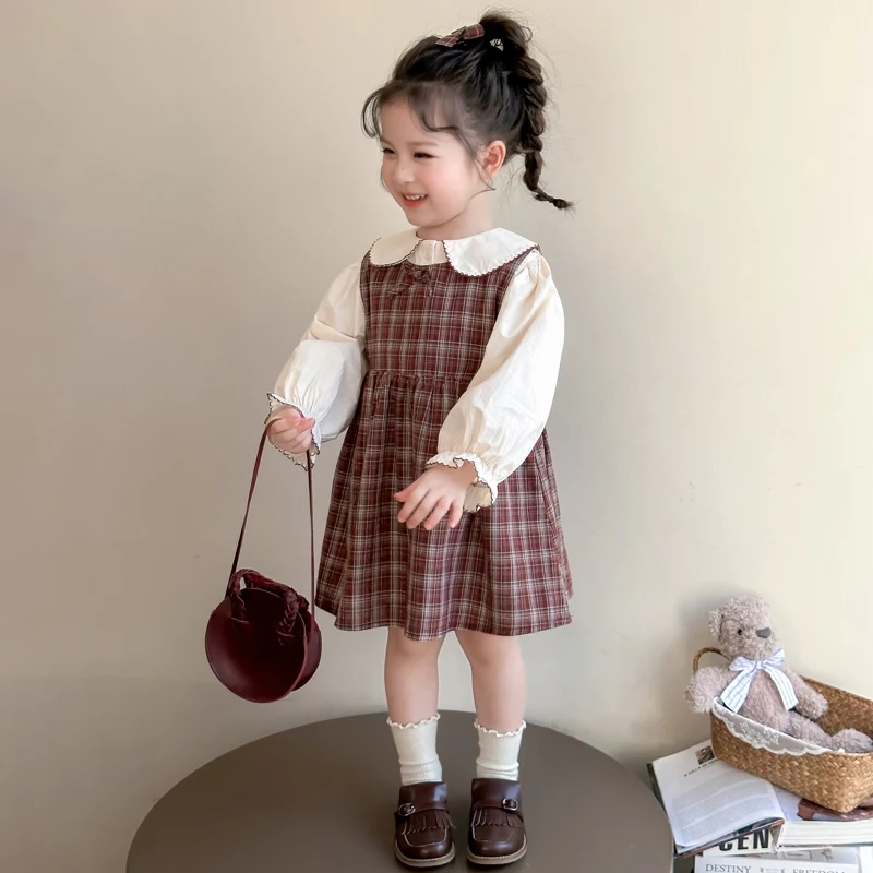 Kariertes Kleid-Set für Mädchen, Frühling und Herbst 2022, neue stilvolle Mode, langärmeliges Baby-Pinafore-Kleid für Kinder, zweiteilige Sets – Detail 13
