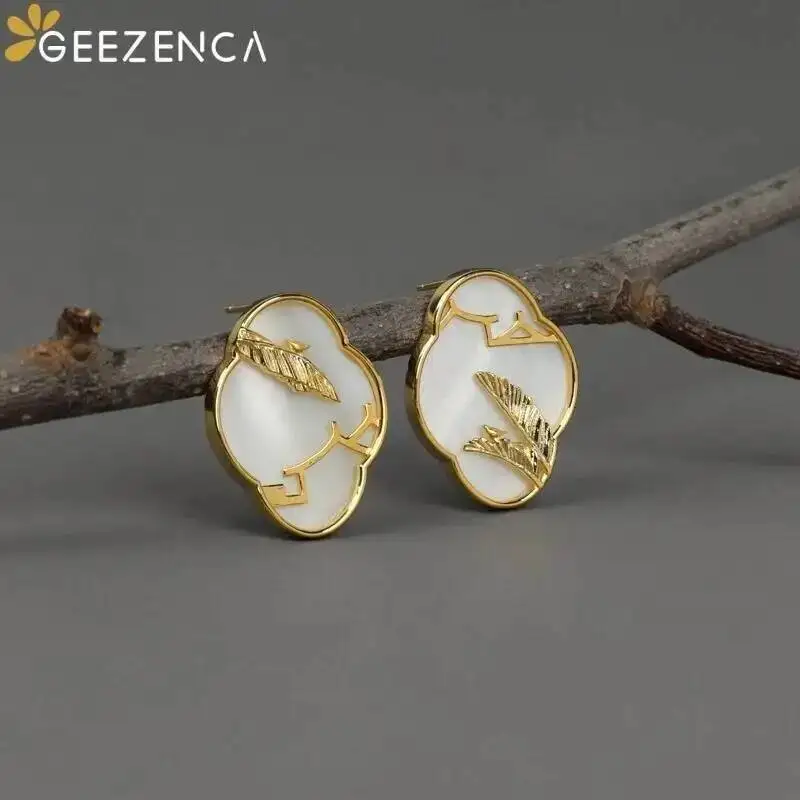 GEEZENCA 925 Silver White Mother of Pearl Small Earrings For Women Garden Window Banana Leaf Designer Chic Earring Party Gift