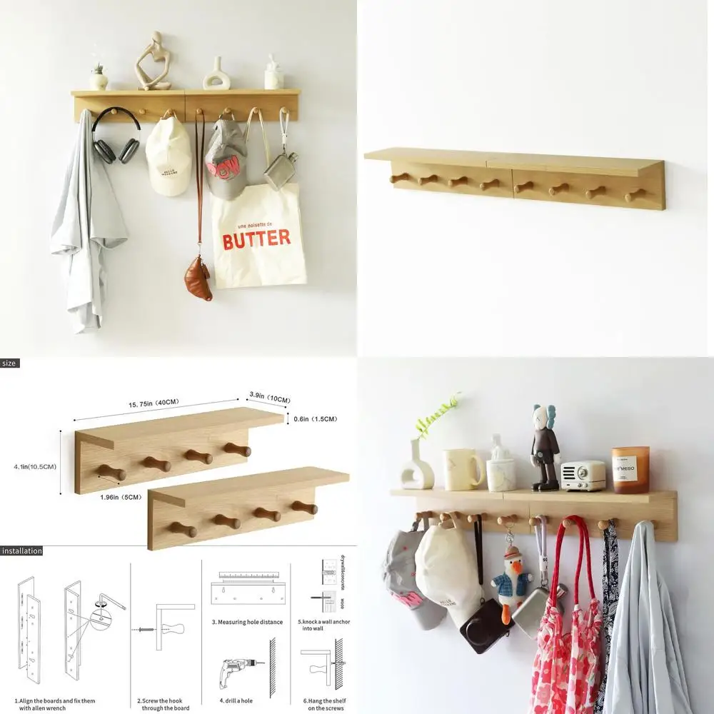 

Деревянный настенный органайзер с отделкой под дуб, 4 крючками и полкой для прихожей, кладовой, кухни и ванной (комплект из 2 предметов)
