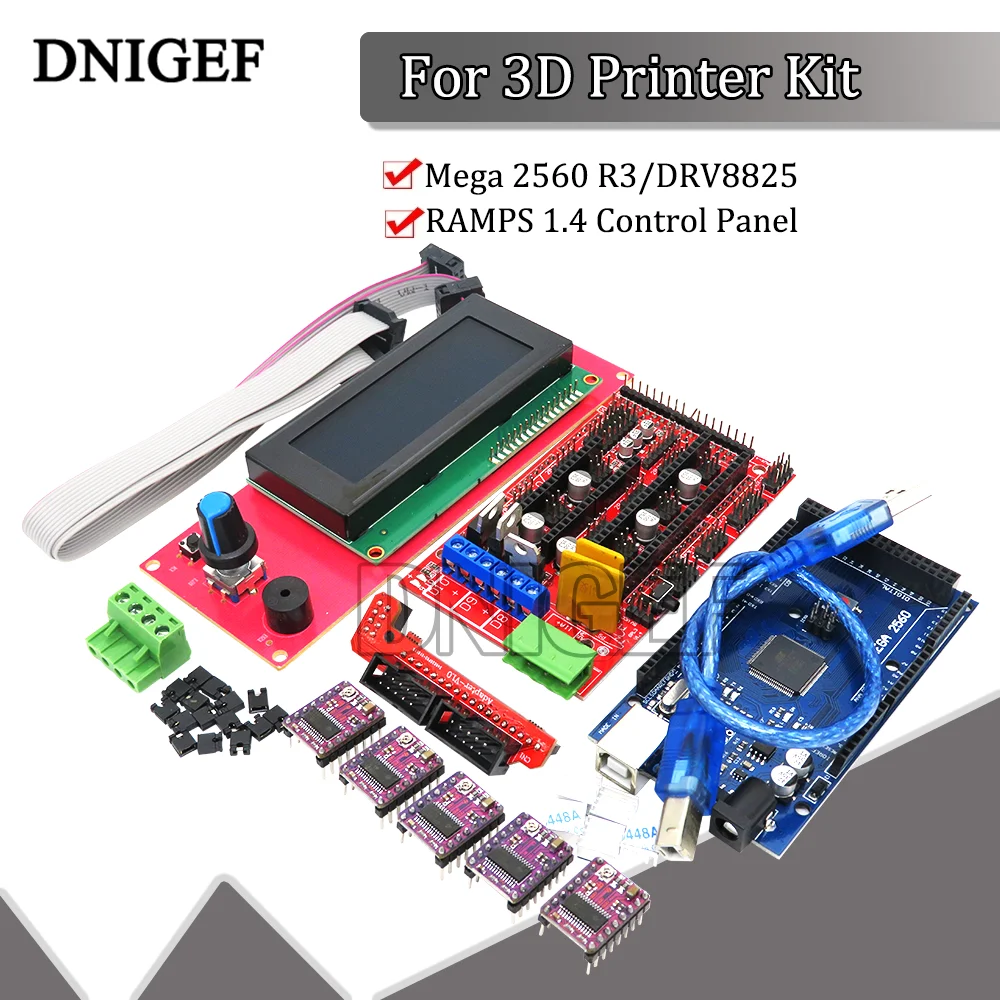 Impresora 3D 1 Uds Mega 2560 R3 + 1 panel de control RAMPS 1,4 + 5 uds DRV8825 portador de Motor paso a paso Reprap para kit de impresora 3D