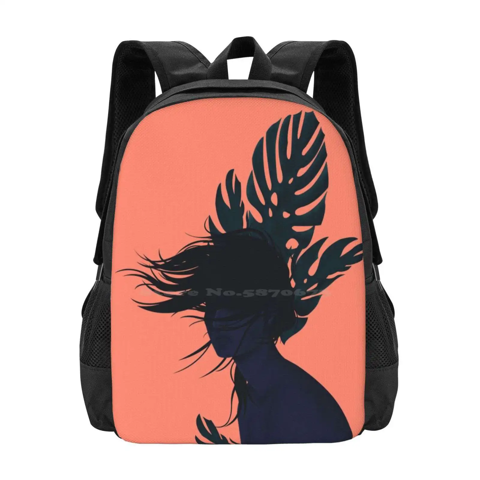 

Windy Day School Bag Big Capacity Backpack Laptop Girl Woman Beauty Portrait Monsteraleaf Nature People Vector Blue Pink