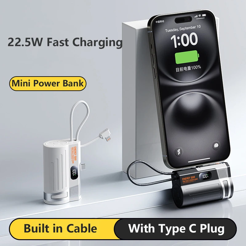 

Mini Capsule Power Bank 10000mAh Portable Type C 22.5W Fast Charging Powerbank for iPhone Samsung Huawei Xiaomi External Battery