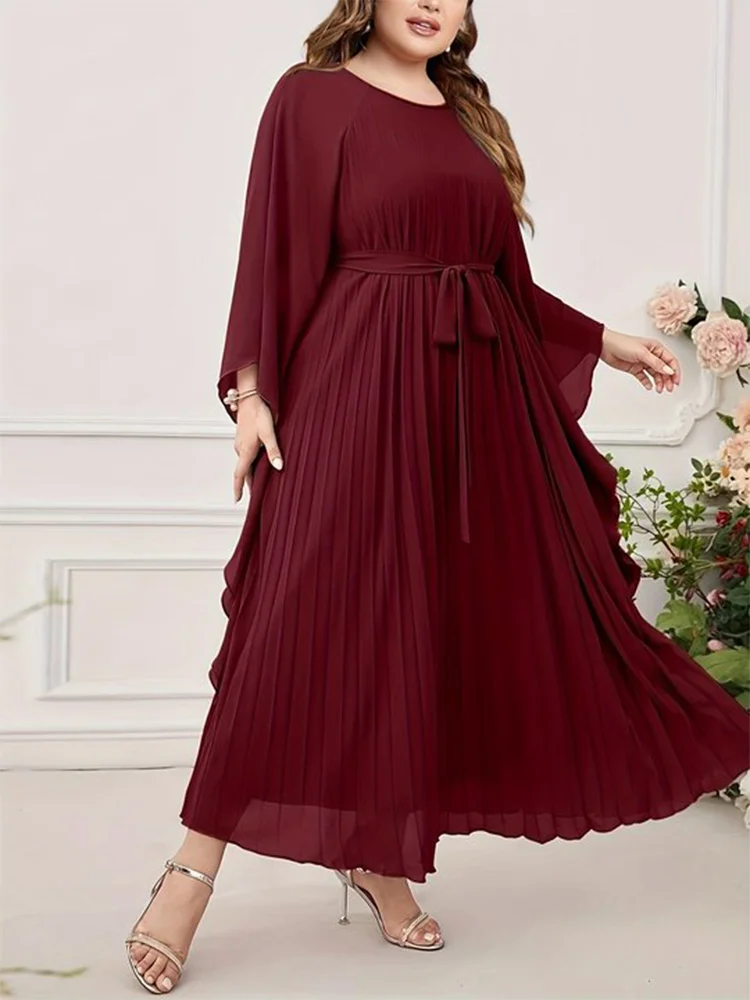 Plus Size Spring Round Neck Batwing Sleeve Solid Color Long Dress for Women Pleated Belted Fashionable Mid-Calf Slim Fit Dress