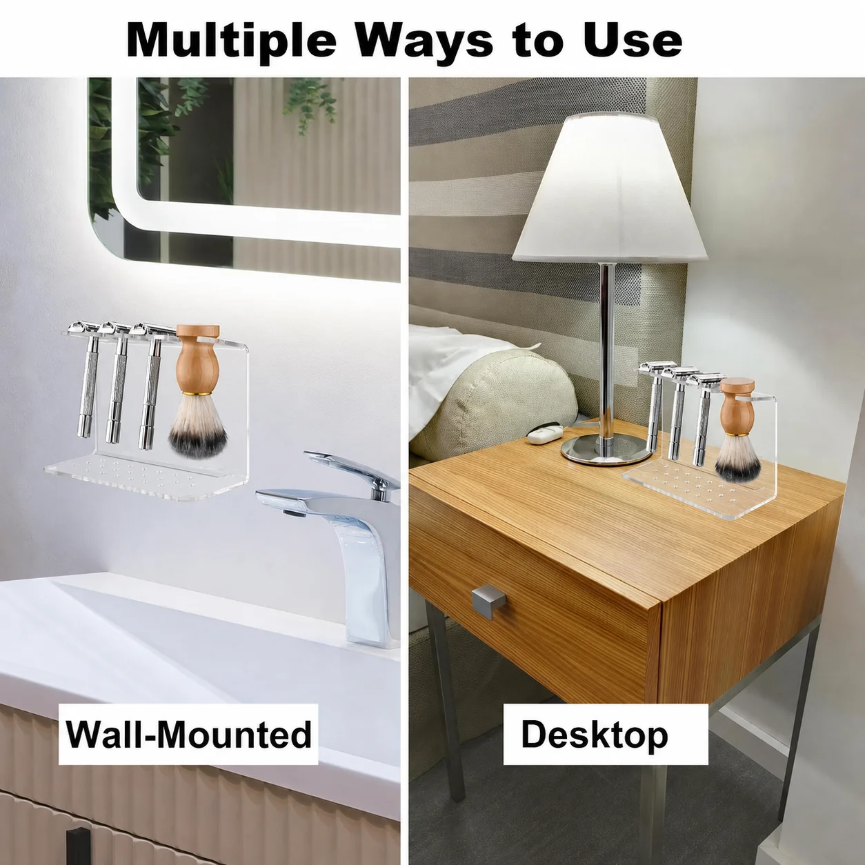 Acrylic Bathroom Organizer Lightweight Shaving Brush Stand Wall Countertop Storage No-Drill Shaving Razor Holder For Home