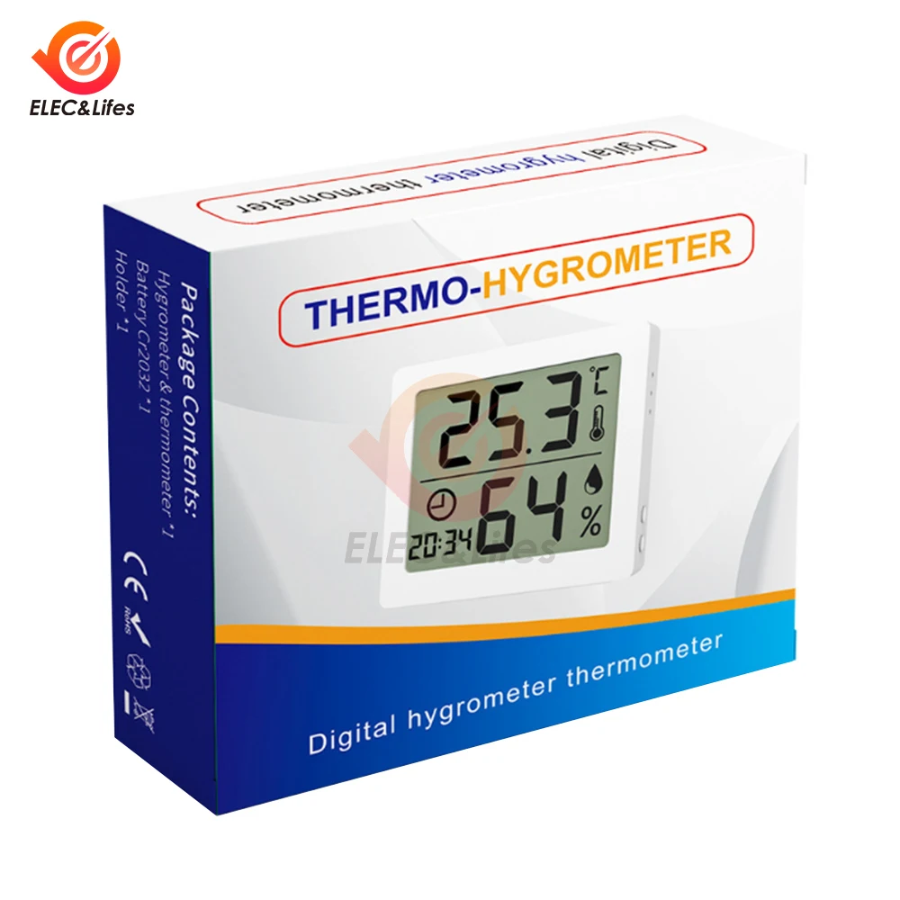 Termômetro multifuncional higrômetro eletrônico automático monitor de umidade temperatura relógio grande tela lcd ℃ / ℉   Com bateria