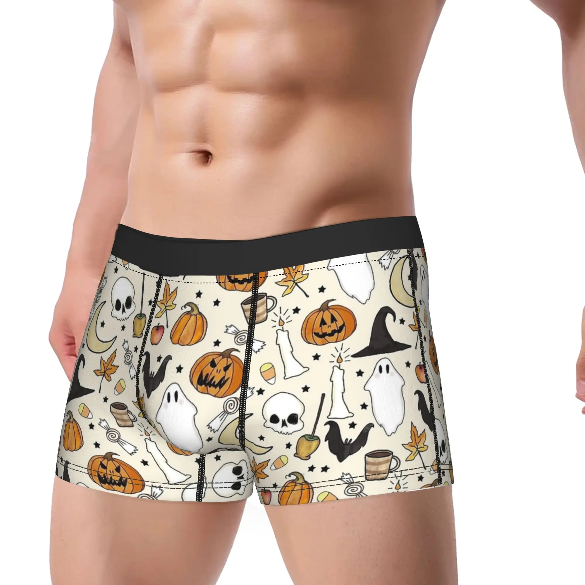 Man Halloween Pumpkin Ghost Skull Long Underwear  Novelty Boxer Briefs Shorts Panties Male Breathable Underpants Plus Size
