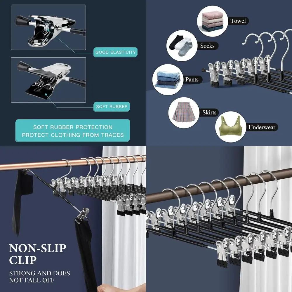 

50 Pack Adjustable Metal Hangers with Clips for Women's Skirts, Pants, Jeans - Non-Slip, Heavy Duty, Space-Saving, 12 Inch