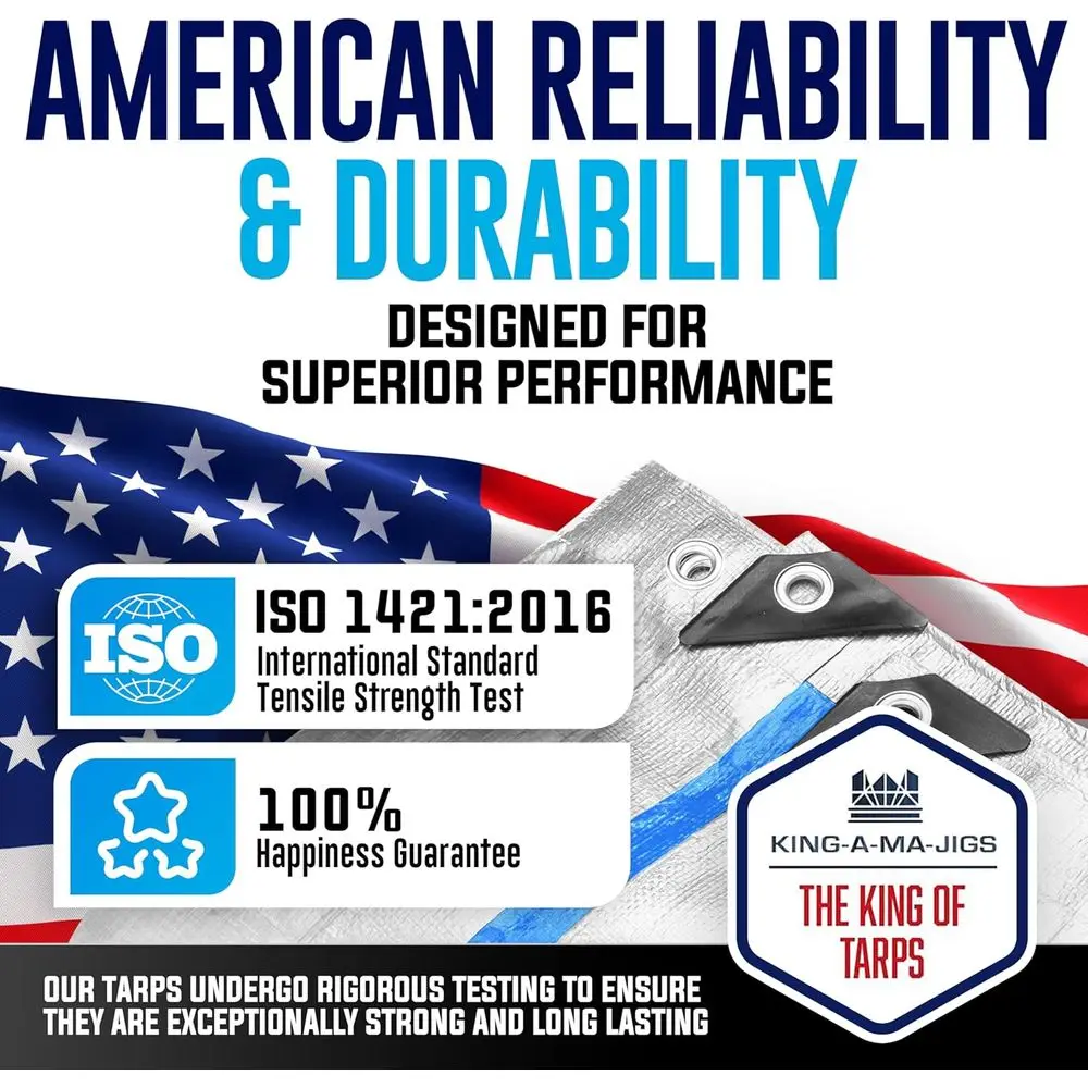 قماش القنب البلاستيكي المقاوم للماء مقاس 16 × 16 قدمًا و5 مل مع حلقات للأماكن الخارجية والحديقة والتخييم والبقاء على قيد الحياة (قابل للعكس، أزرق/فضي)