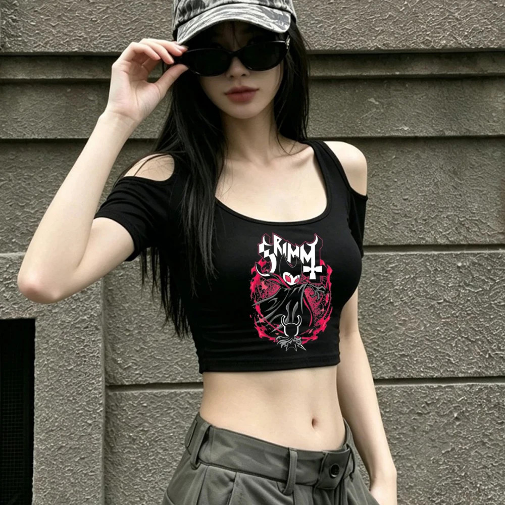 Hollow Knight cropped top girl y2k meme graphic gothic tshirt 2000s summer clearance sales y2k harajuku