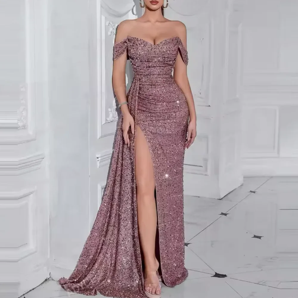 

Off-Shoulder Sequined Luxury Evening Dress Floor-Length Mermaid Pleated Prom Party Gown Dresses High Split Customized