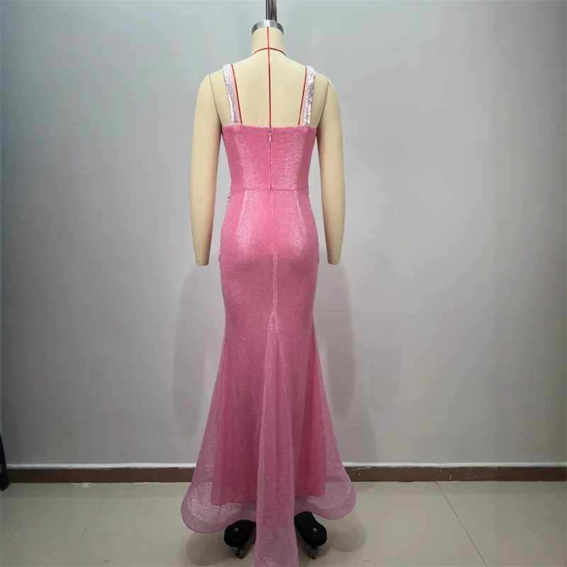 Nouveauté perlée Sexy pure rose paillettes sangle robe sirène robe de soirée européenne et américaine