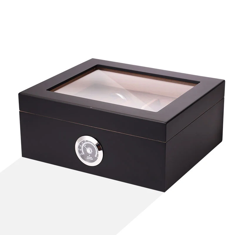 Modern Luxury Black Large Capacity Cedar Wooden Humidor Lacquer Finish Glass Top Moisture-Proof Elegant Cigars Built-In