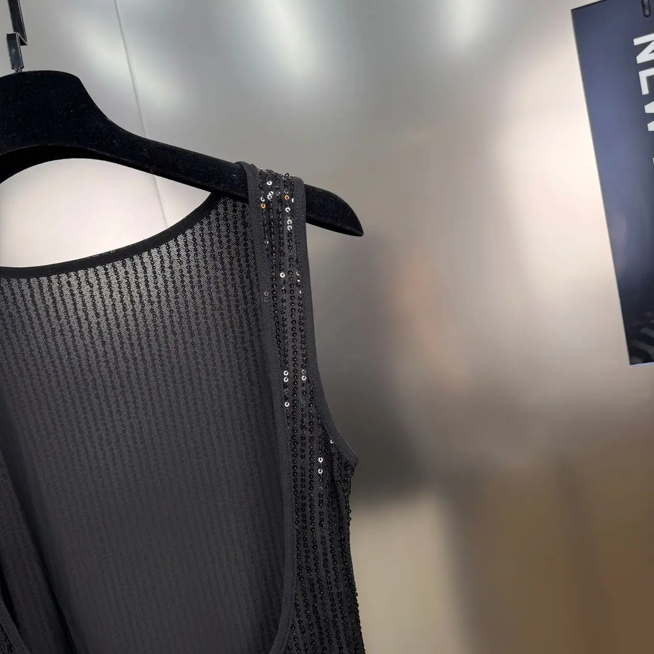 French Retro Style Heavy Industry Sequin Splicing Elegant Dress 2025 Summer Pleated Contrasting Color Backless Sleeveless Dress