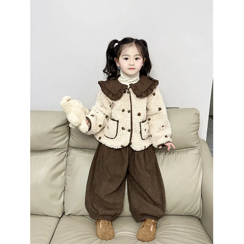 Girls Coat Winter Tong Han Lambhair Wave Point Coat Baby Warm Outerwear Striped Kid Pants Elastic Waist Vintage