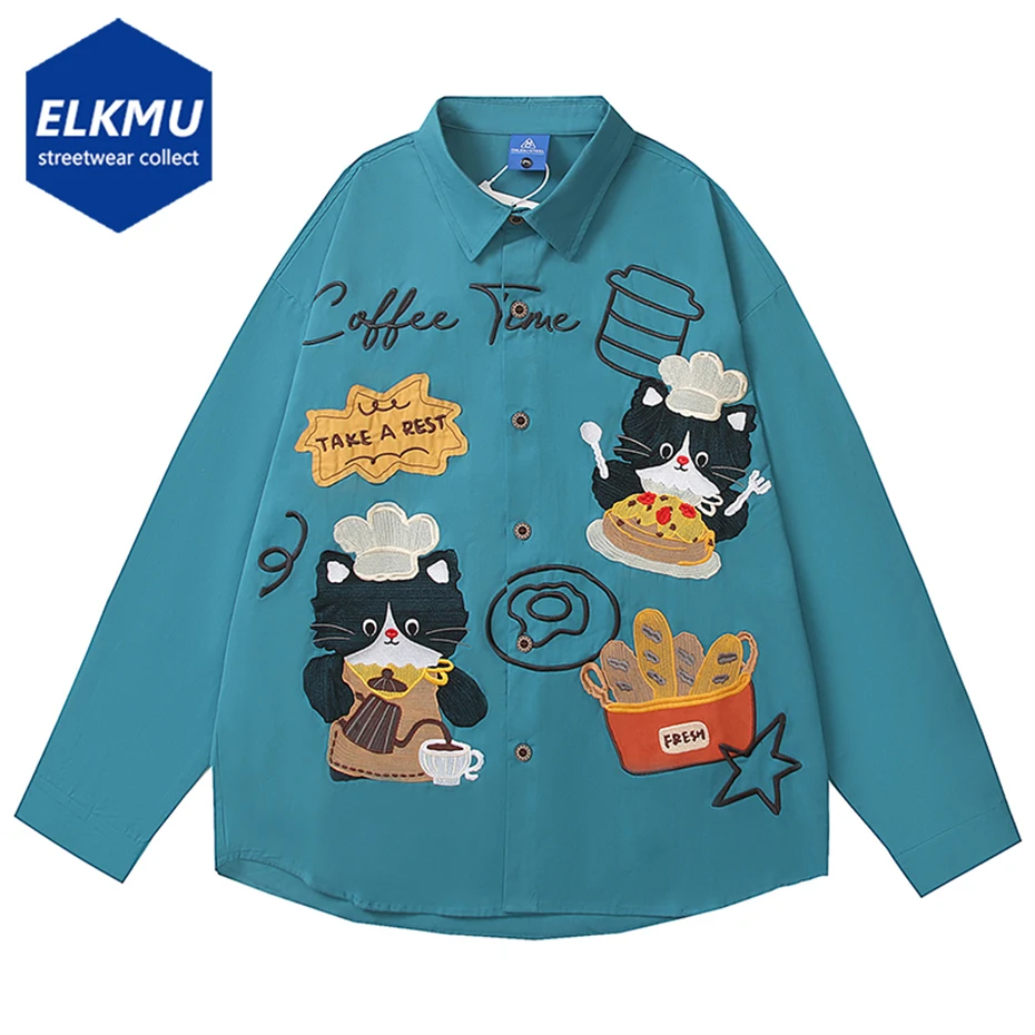 

Funny Cats Splicing Shirts Japanese Harajuku Oversized Shirts Long Sleeve Button Up Blouse Casual Loose Shirts
