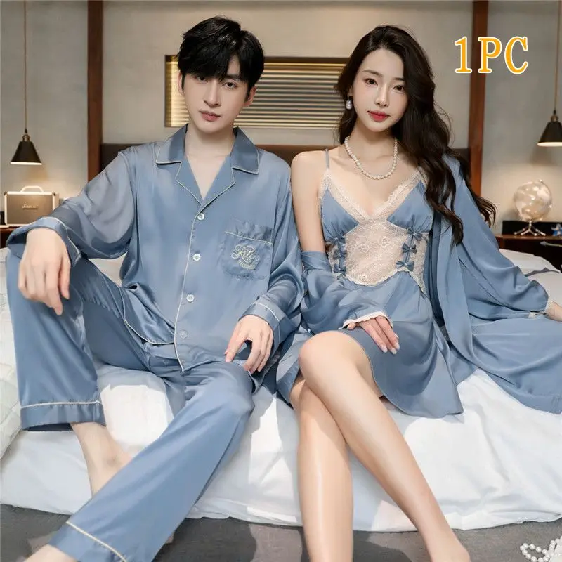 Men Women High Quality Satin Couple Pajamas Gown Set Sexy Hollowout Lace Spaghetti Straps V-Neck Long Sleeves Pants Loungewear